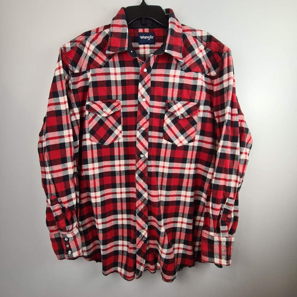 Wrangler Mens 3XT Plaid Flannel Western Pearl Snap Shirt Red Heavy‎ Lumberjack